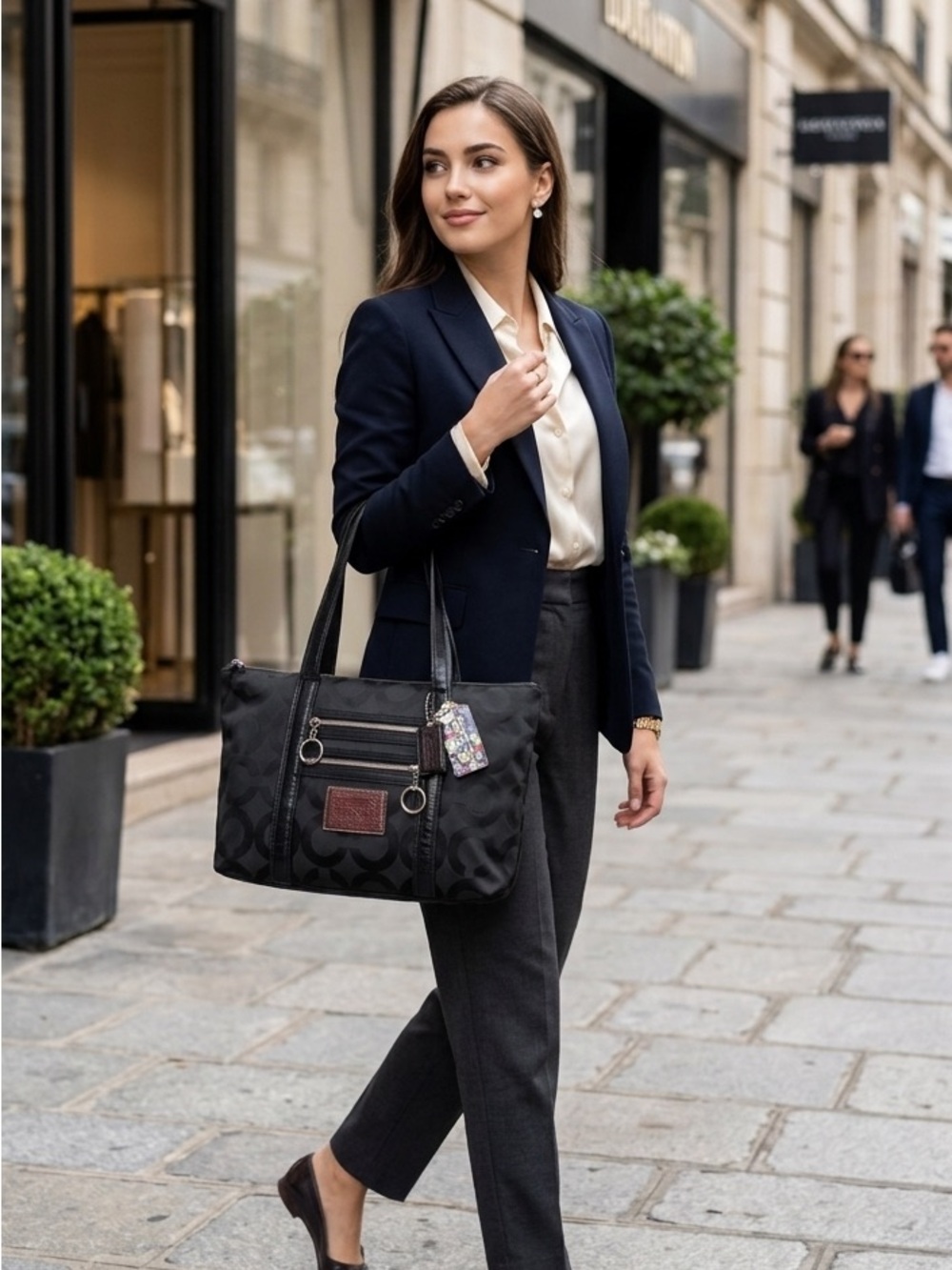 Coach Poppy Black Signature Tote with Leather Trim